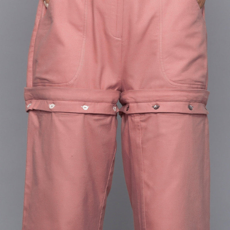 Front Detail of a Model wearing Pink Flannel Convertible Pant Shorts