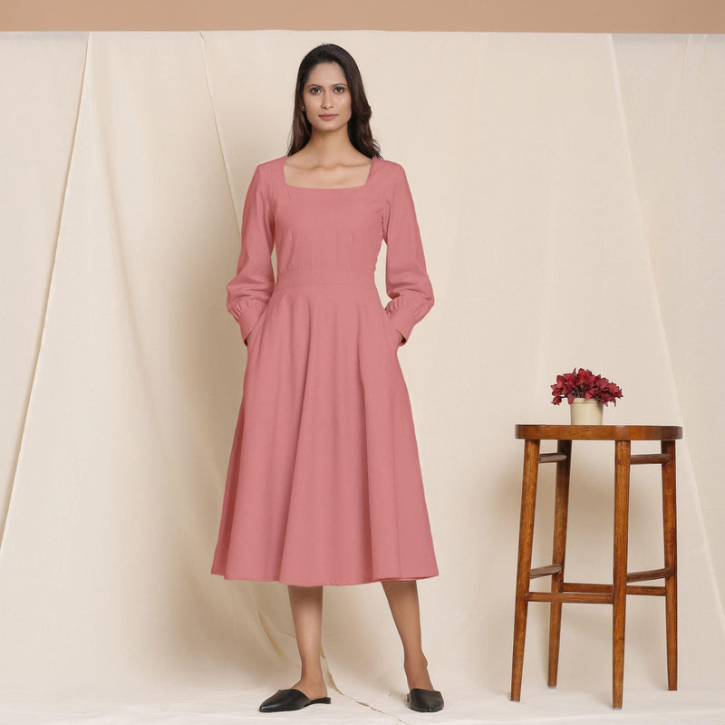 Pink Warm Cotton Flannel Fit and Flare Midi Dress 58" / Custom Height (Free) Pink Warm Cotton Flannel Fit and Flare Midi Dress 58" / Custom Height (Free)