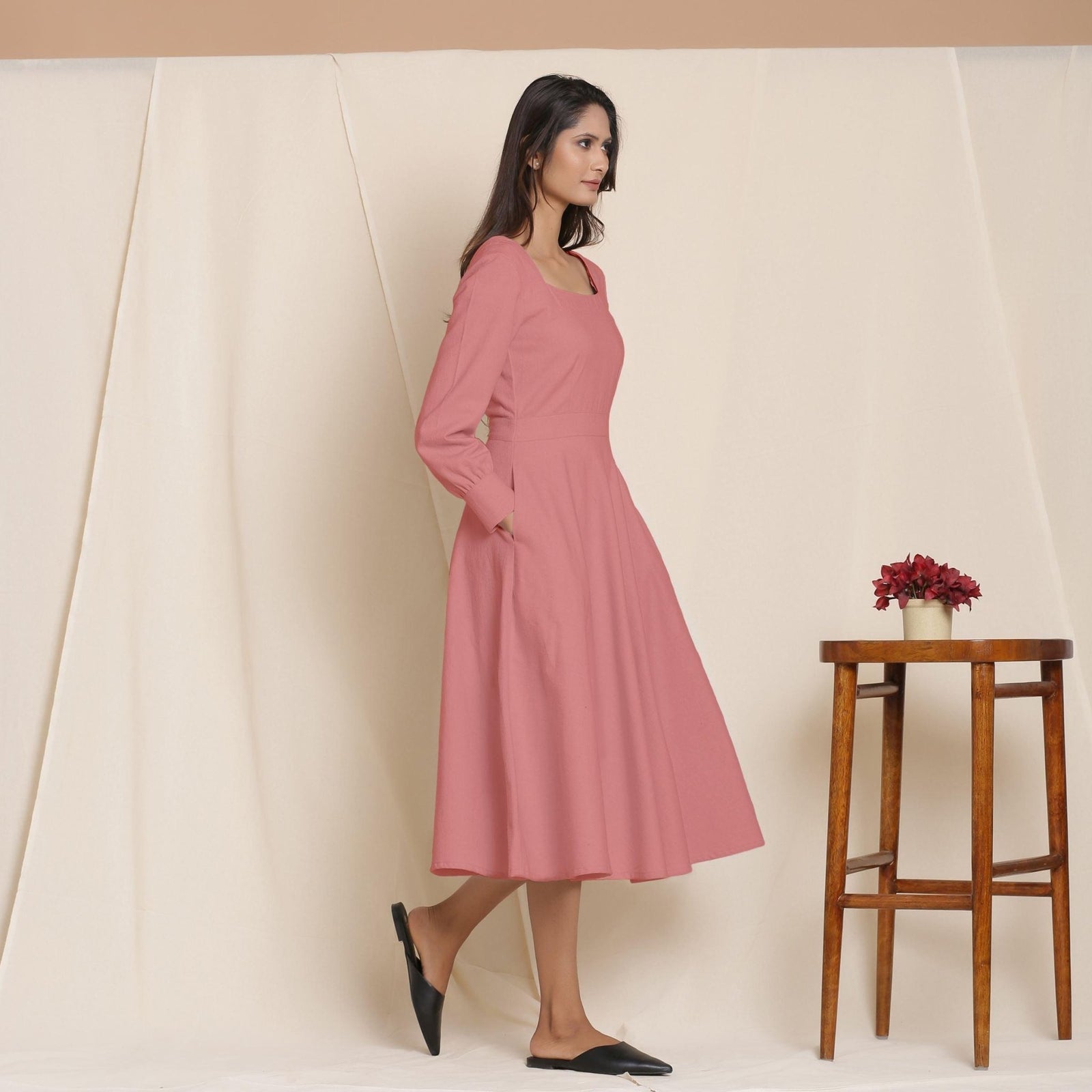 Pink Warm Cotton Flannel Fit and Flare Midi Dress 54
