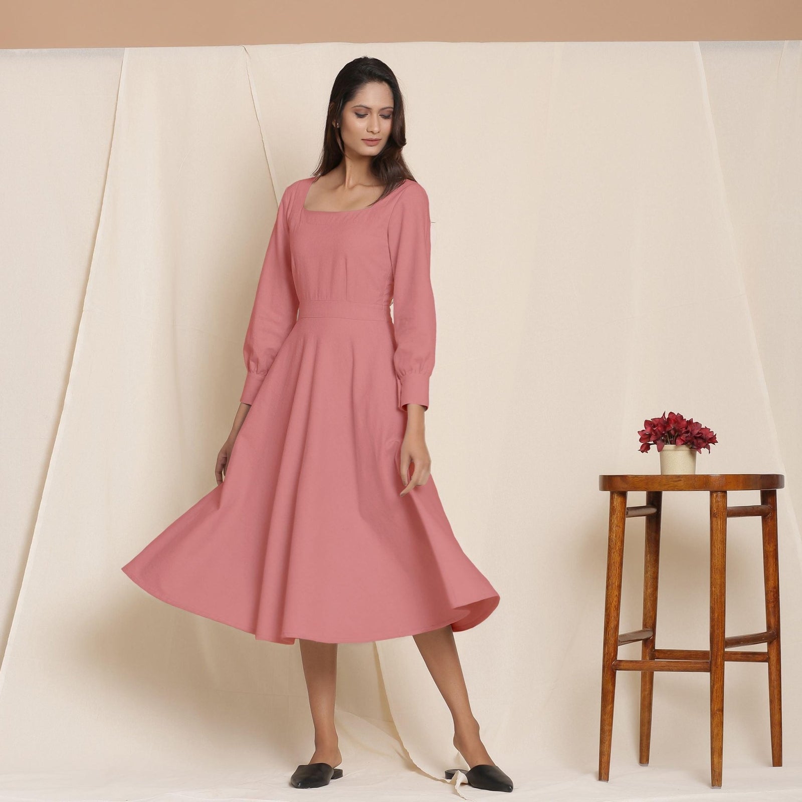 Pink Warm Cotton Flannel Fit and Flare Midi Dress 54