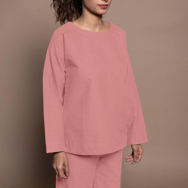 Front Detail of a Model wearing Pink Warm Cotton Flannel Round Neck Sweatshirt