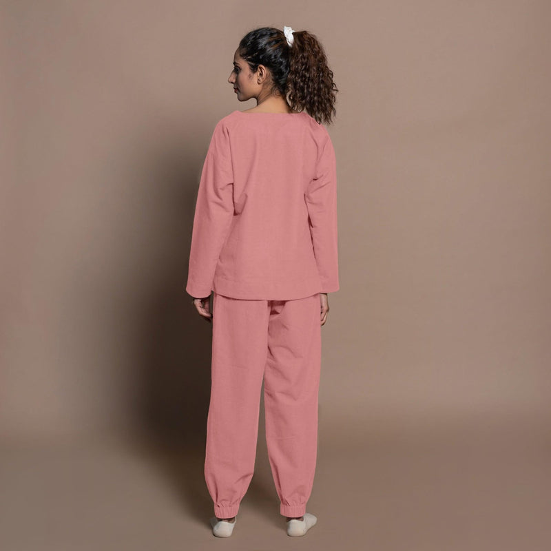 Back View of a Model wearing Pink Warm Cotton Flannel Round Neck Sweatshirt