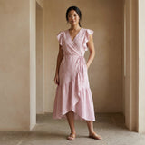 Pink-White Stripes Block Print Cotton Ruffle Midi Wrap Dress