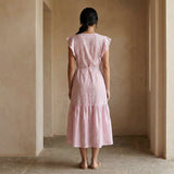 Pink-White Stripes Block Print Cotton Ruffle Midi Wrap Dress