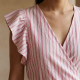 Pink-White Stripes Block Print Cotton Ruffle Midi Wrap Dress