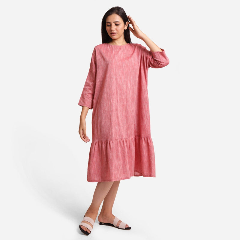 Front View of a Model wearing Pink Yarn Dyed Cotton Tier Dress