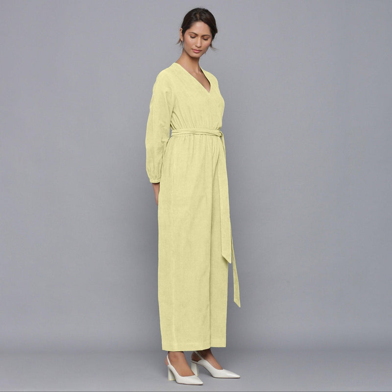 Right View of a Model wearing Pista Yellow Corduroy Comfy Jumpsuit