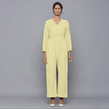 Front View of a Model wearing Pista Yellow Corduroy Comfy Jumpsuit