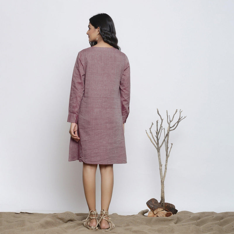 Back View of a Model wearing Plum Handspun Button-Down A-Line Dress