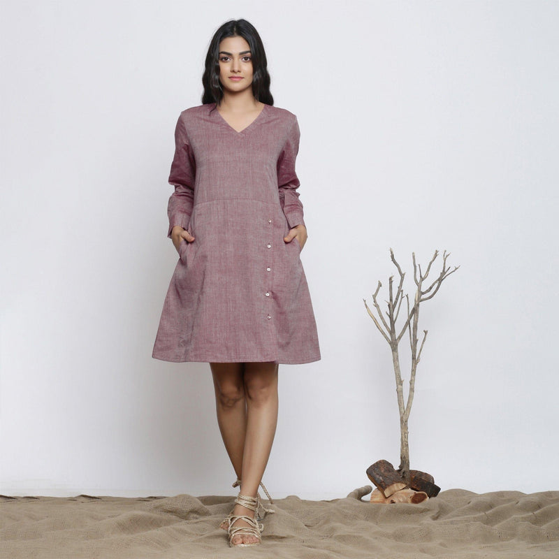 Front View of a Model wearing Plum Handspun Button-Down A-Line Dress