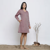 Right View of a Model wearing Plum Handspun Button-Down A-Line Dress