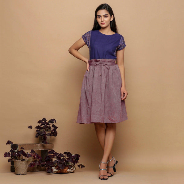 Front View of a Model wearing Plum Handspun Handwoven Paperbag Skirt