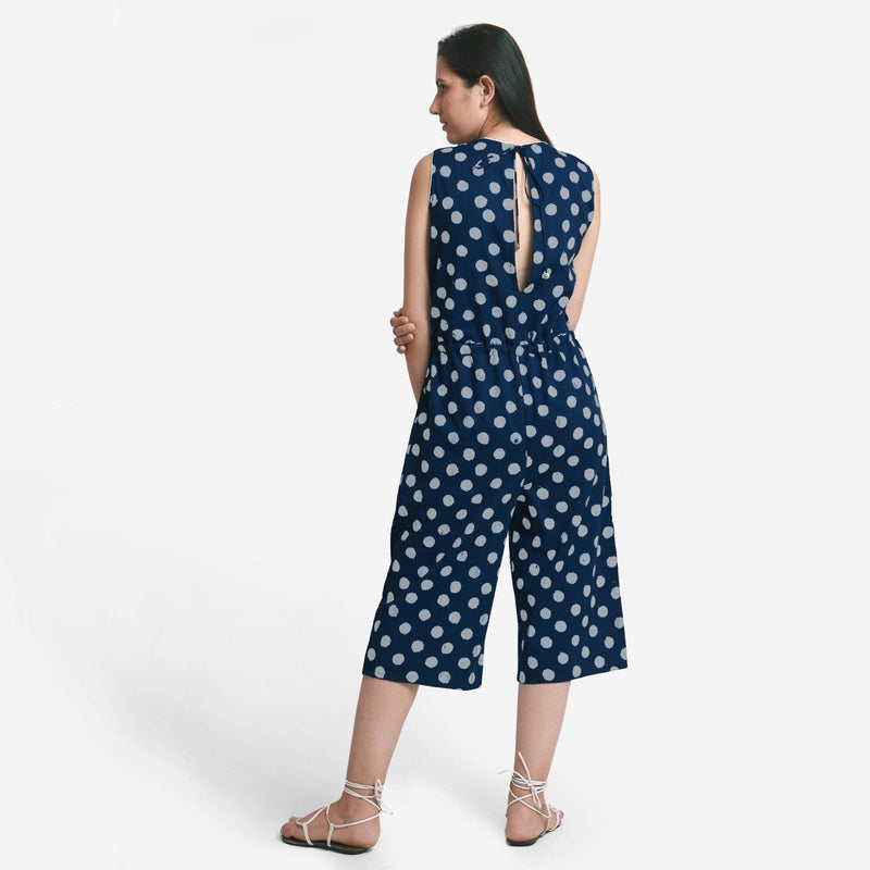 Back View of a Model wearing Polka Dot Straight Culotte Midi Jumpsuit