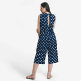 Back View of a Model wearing Polka Dot Block Print Cotton Midi Jumpsuit