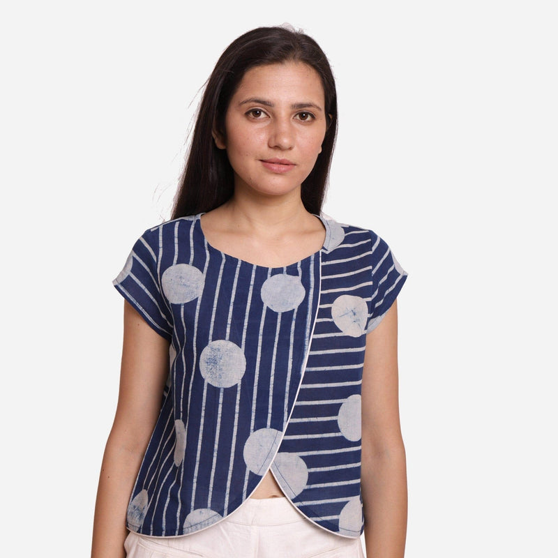 Front View of a Model wearing Polka Dot Dabu Printed Indigo Crop Top