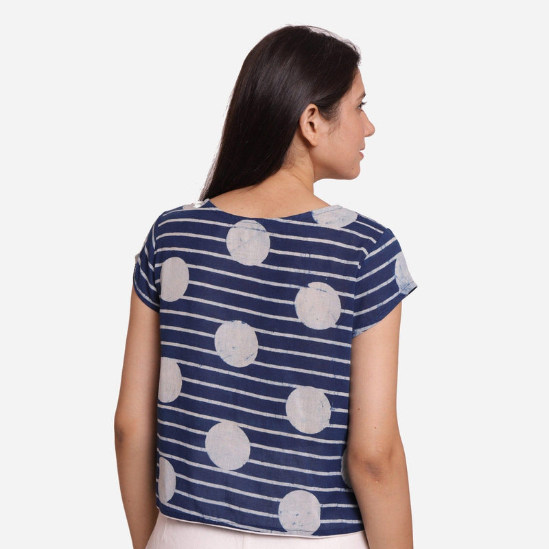 Back View of a Model wearing Polka Dot Dabu Printed Indigo Crop Top