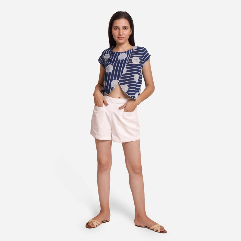 Front View of a Model wearing Polka Dot Dabu Printed Indigo Crop Top