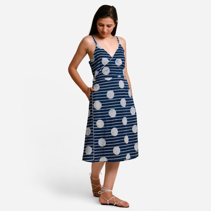 Front View of a Model wearing Polka Dot Block Printed Asymmetrical Cotton Midi Dress