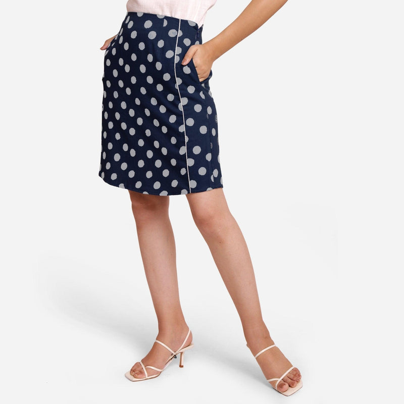 Front View of a Model wearing Polka Dot Indigo High-Rise Pencil Skirt