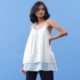 Front View of a Model wearing Powder Blue Block Printed V-Neck Tunic Top