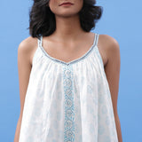 Front Detail of a Model wearing Powder Blue Block Printed V-Neck Tunic Top