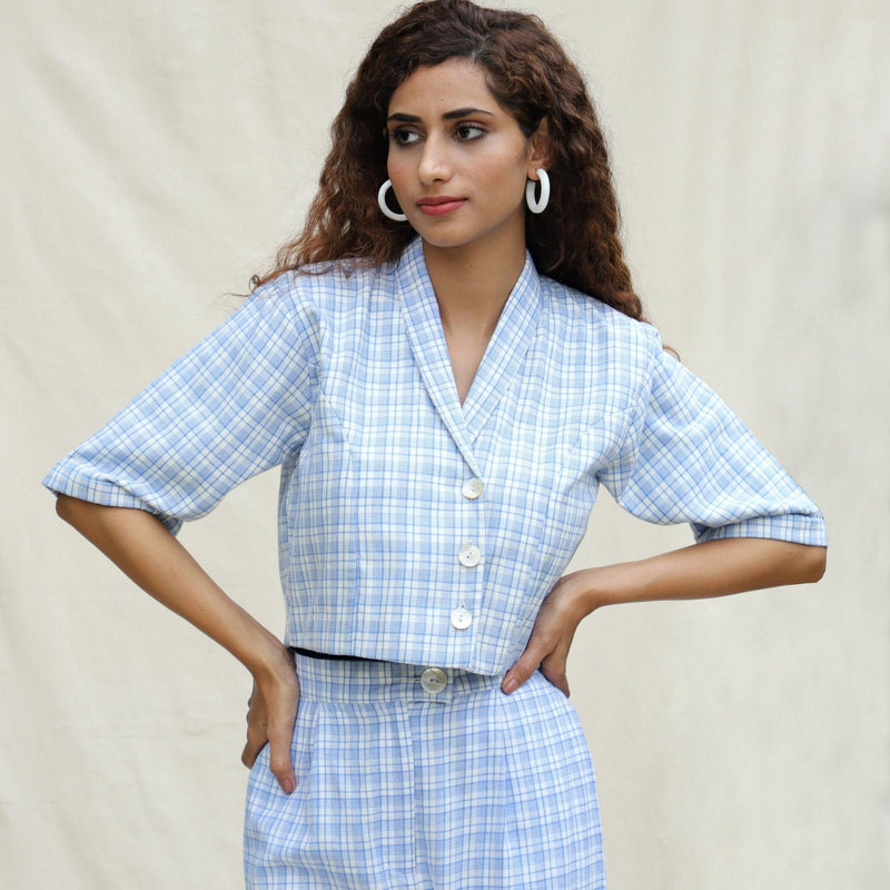 Front View of a Model wearing Powder Blue Checkered Handspun Cotton Short Jacket