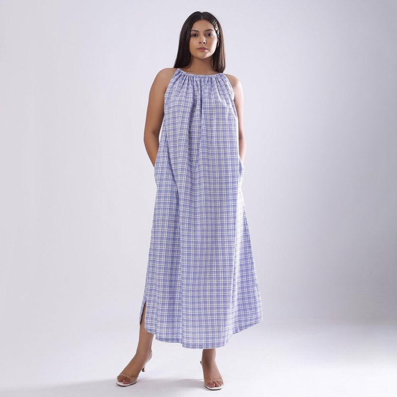 Front View of a Model wearing Powder Blue Checks Handspun Cotton Maxi Flared Dress