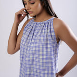 Front Detail of a Model wearing Powder Blue Checks Handspun Cotton Maxi Flared Dress