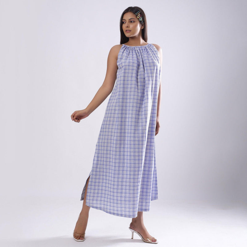 Front View of a Model wearing Powder Blue Checks Handspun Cotton Maxi Flared Dress