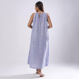 Back View of a Model wearing Powder Blue Checks Handspun Cotton Maxi Flared Dress