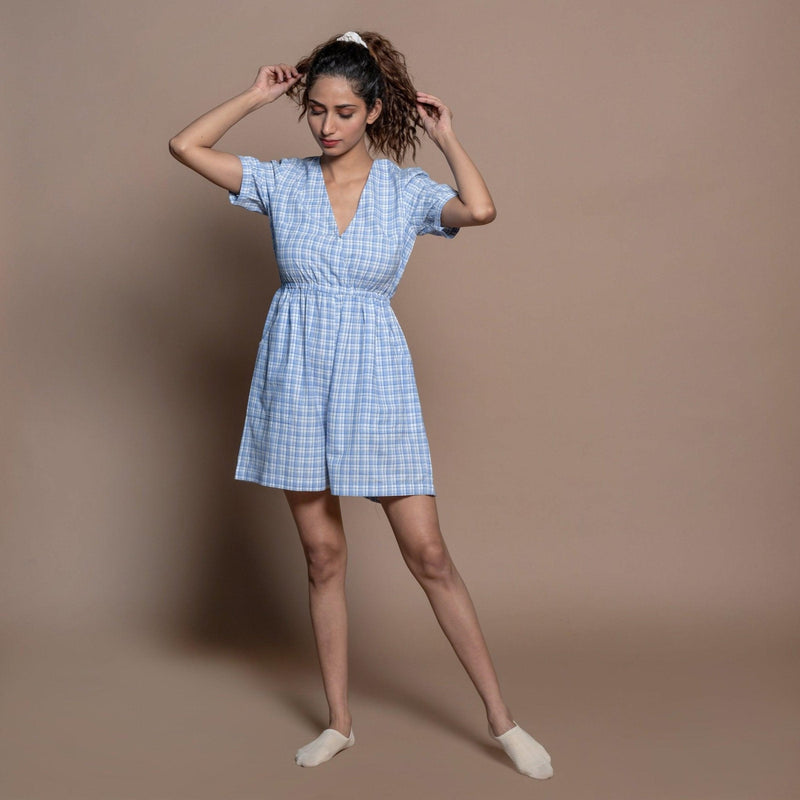 Powder Blue Checks Handspun Cotton Short Playsuit