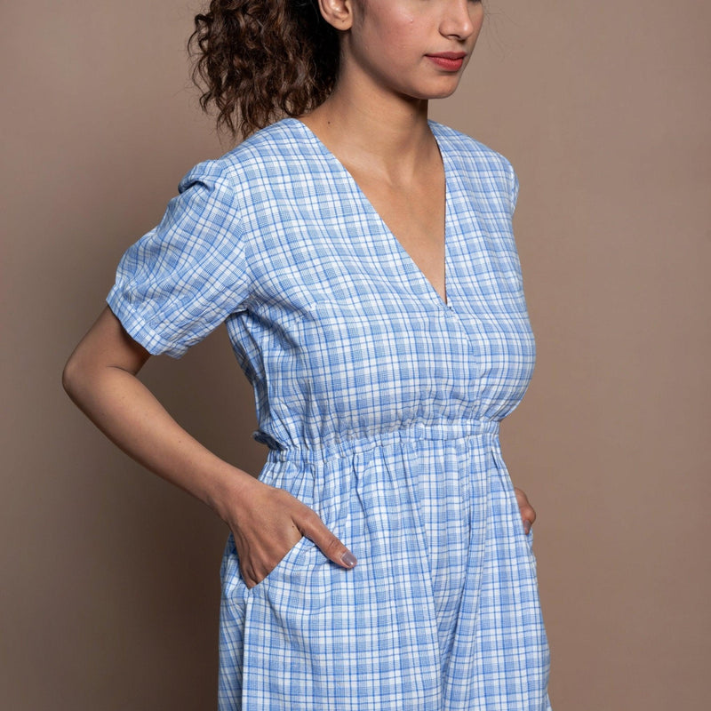 Front Detail of a Model wearing Powder Blue Checks Handspun Cotton Short Playsuit