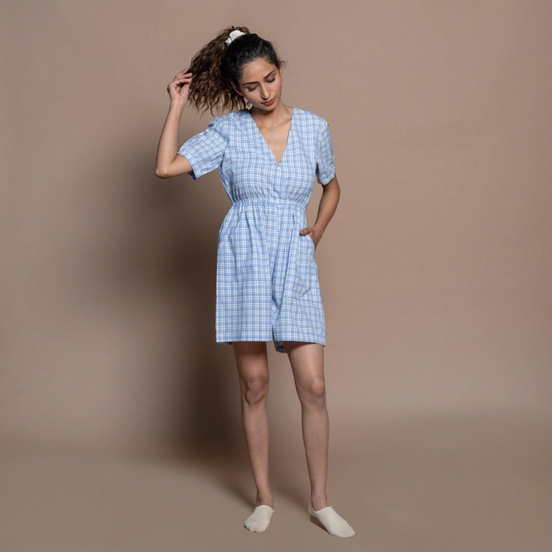 Powder Blue Checks Handspun Cotton Short Playsuit