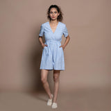 Powder Blue Checks Handspun Cotton Short Playsuit