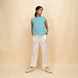 Front View of a Model wearing Powder Blue Cotton Muslin Ruffled Collar Jamdani Top