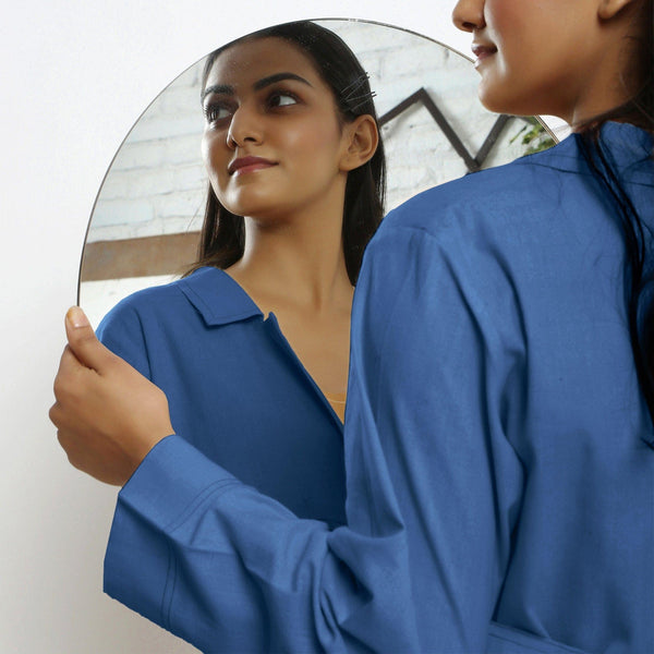 Front Detail of a Model wearing Vegetable Dyed Blue Paneled Cotton Overlay