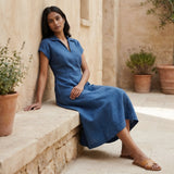 Powder Blue Handspun Cotton A-Line Paneled Midi Dress