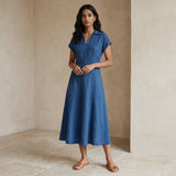 Powder Blue Handspun Cotton A-Line Paneled Midi Dress