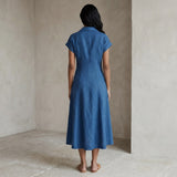 Powder Blue Handspun Cotton A-Line Paneled Midi Dress
