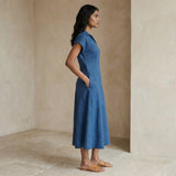 Powder Blue Handspun Cotton A-Line Paneled Midi Dress