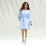 Front View of a Model wearing Powder Blue Handspun Cotton Balloon Sleeves Short Dress