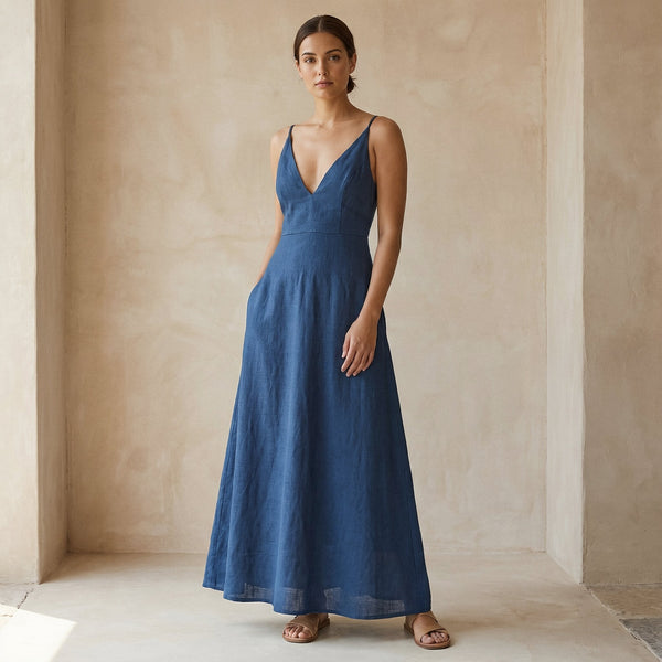 Buy Powder Blue Handspun Cotton Deep V-Neck Cami Maxi Dress Online at  SeamsFriendly