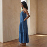 Powder Blue Handspun Cotton Drop-Waist Camisole Maxi Tier Dress
