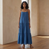 Powder Blue Handspun Cotton Drop-Waist Camisole Maxi Tier Dress