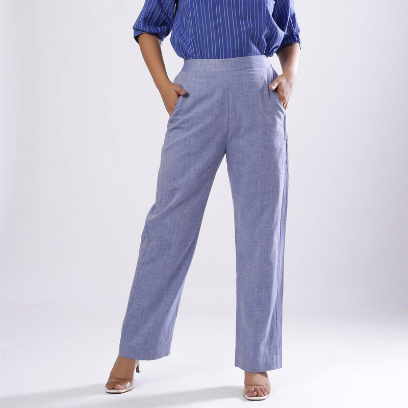 Powder Blue Handspun Cotton Elasticated Mid-Rise Pant