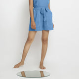 Front View of a Model wearing Powder Blue Vegetable Dyed Handspun Short Shorts