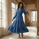 Powder Blue Handspun Cotton Fit and Flare Maxi Tier Dress