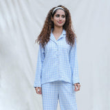 Front View of a Model wearing Powder Blue Handspun Cotton Full Sleeve Button-Down Shirt