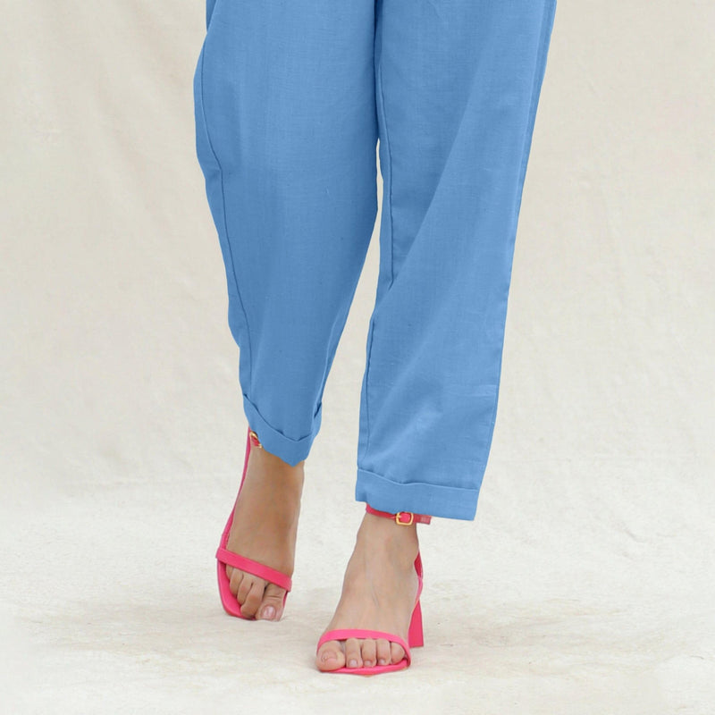 Powder Blue Handspun Cotton High-Rise Elasticated Paperbag Pant