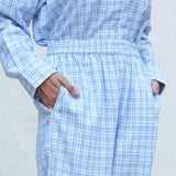 Front Detail of a Model wearing Powder Blue Handspun Cotton High-Rise Pajama